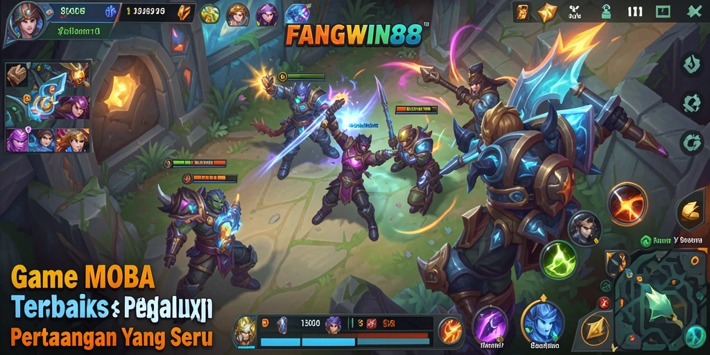 Tangkapan layar FANGWIN88 menunjukkan aksi intens dalam pertandingan MOBA.