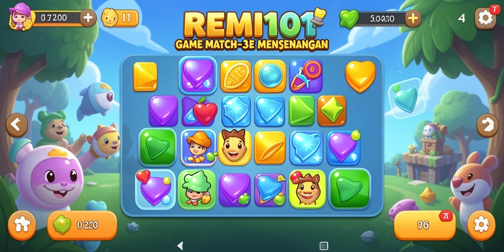 Tampilan gameplay REMI101 dengan elemen Match-3 yang berwarna-warni.