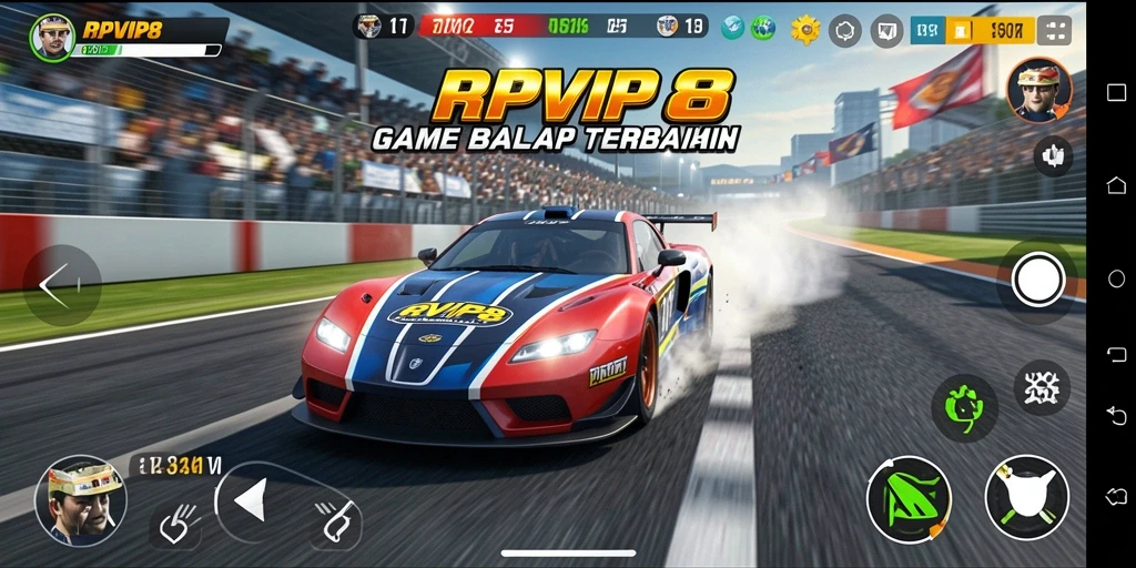 Tampilan gameplay seru di RPVIP8 dengan mobil balap cepat.