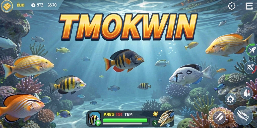 Screenshot gameplay TMOKWIN yang menampilkan aksi menembak ikan.