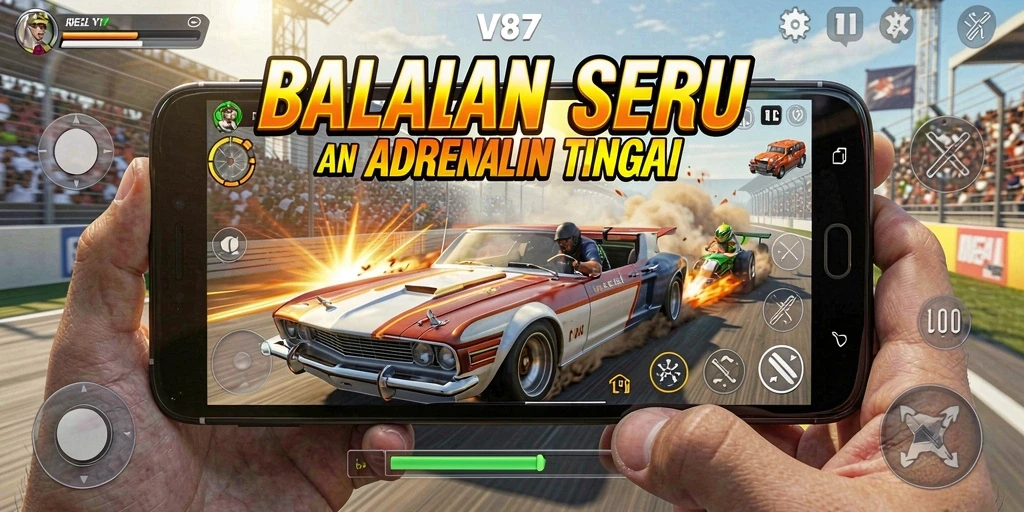 Tampilan layar gameplay balapan yang mendebarkan di V87.
